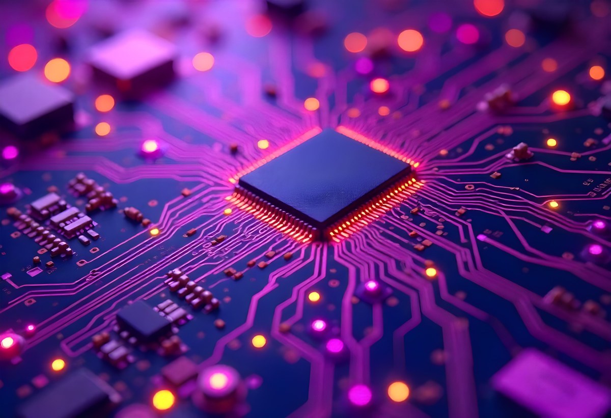 Purple Circuit Board With Intricate Patterns And Glowing Lights Showcasing The Complexity Of Electronic Engineering In A Futuristic Environment 23 85f8