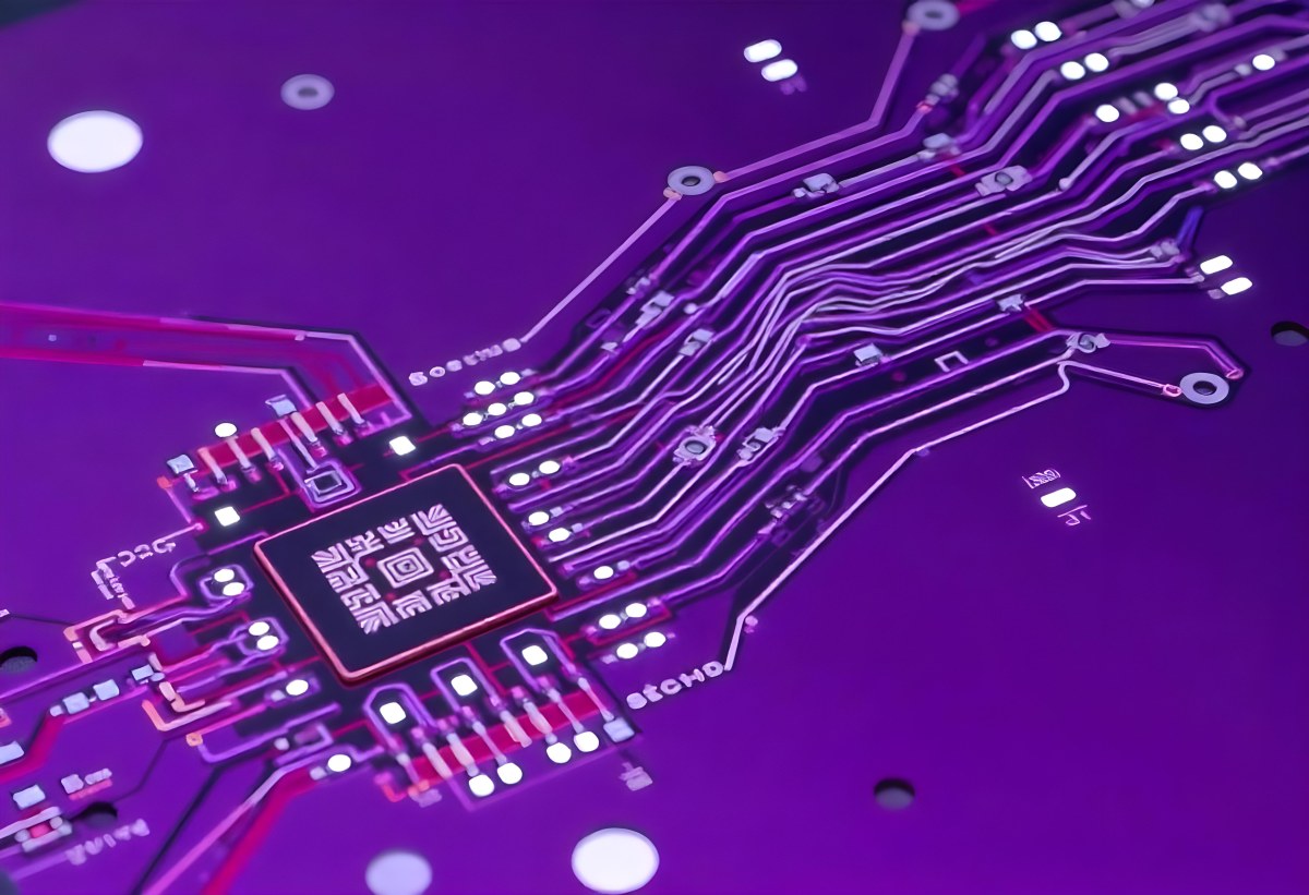 Purple Circuit Board With Intricate Patterns And Glowing Lights Showcasing The Complexity Of Electronic Engineering In A Futuristic Environment 24 A645