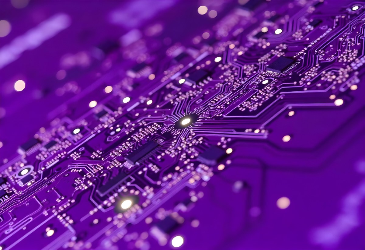 Purple Circuit Board With Intricate Patterns And Glowing Lights Showcasing The Complexity Of Electronic Engineering In A Futuristic Environment 5 B07c