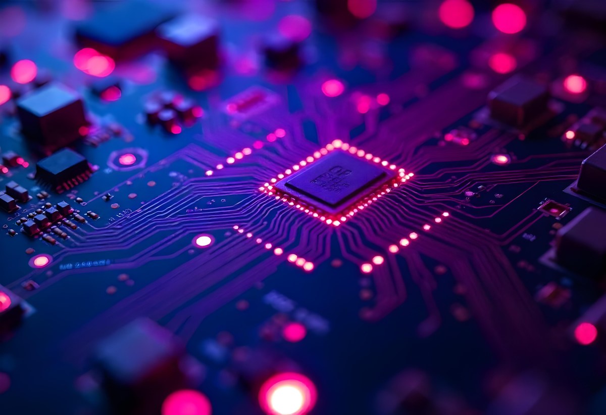 Purple Circuit Board With Intricate Patterns And Glowing Lights Showcasing The Complexity Of Electronic Engineering In A Futuristic Environment 7 6442