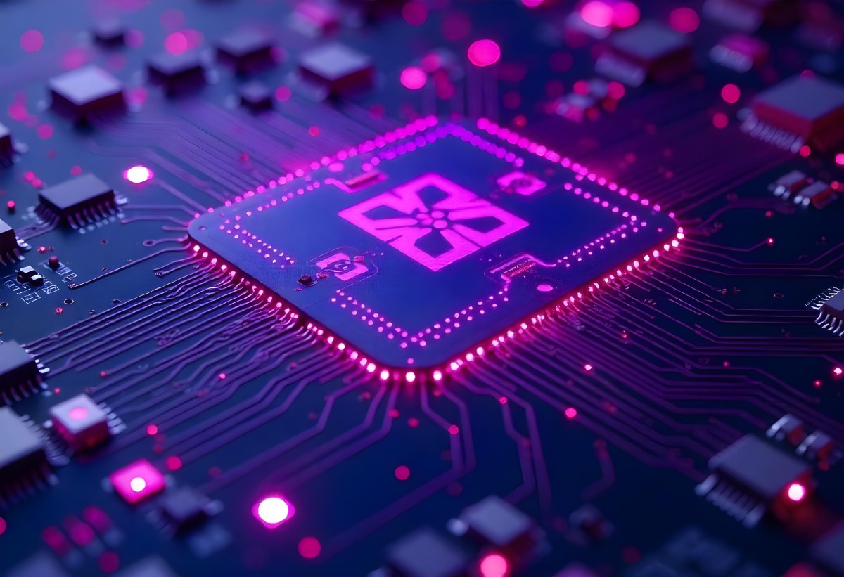 Purple Circuit Board With Intricate Patterns And Glowing Lights Showcasing The Complexity Of Electronic Engineering In A Futuristic Environment 8 99c6
