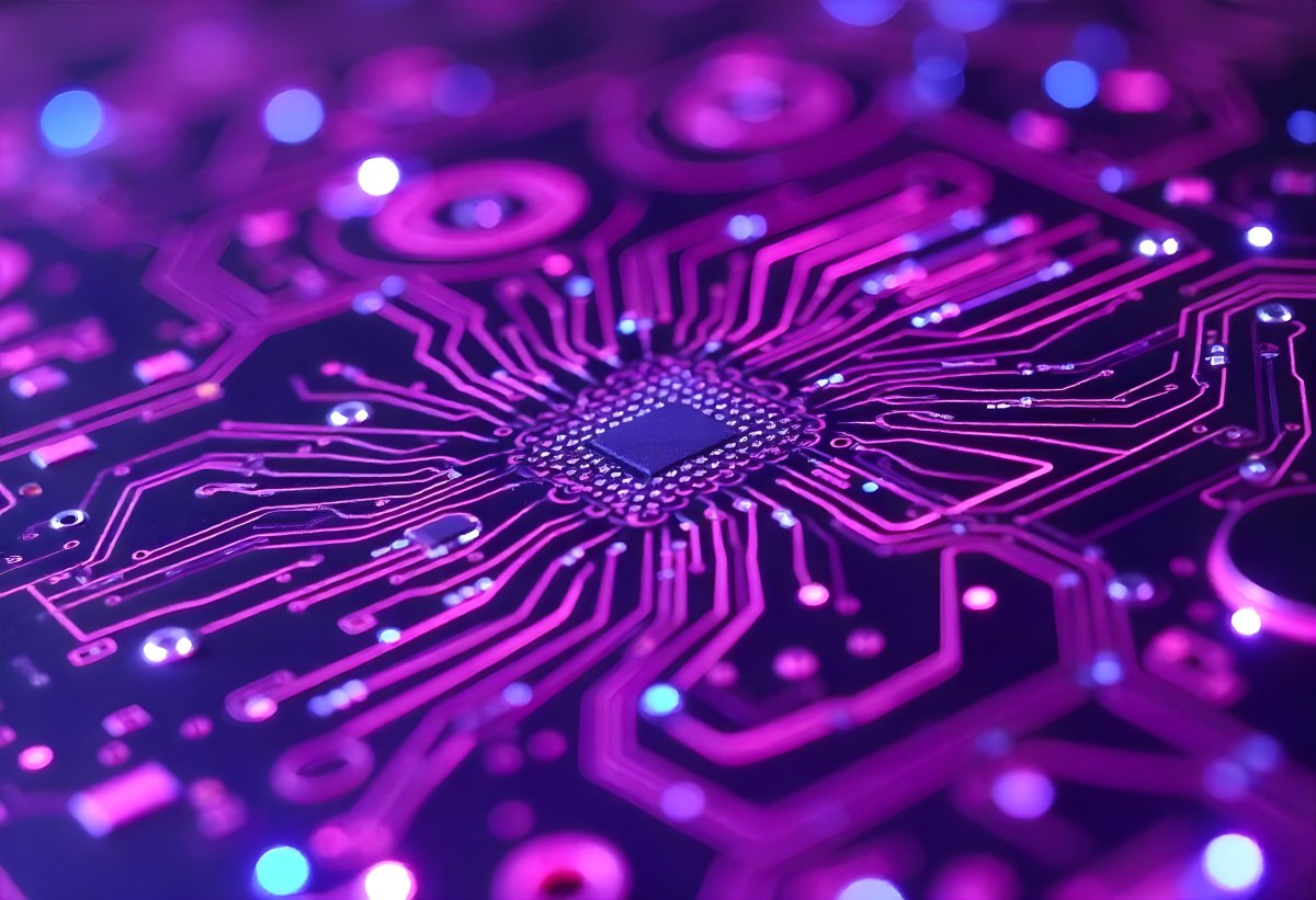 Purple Circuit Board With Intricate Patterns And Glowing Lights Showcasing The Complexity Of Electronic Engineering In A Futuristic Environment 9 24ff