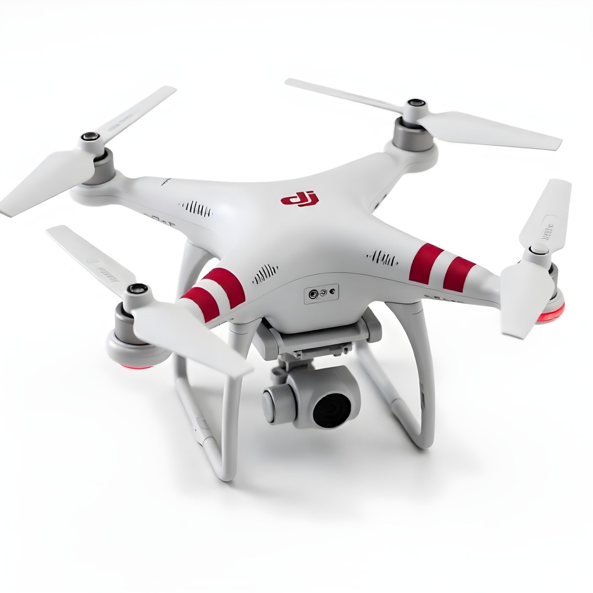 Red Dji Phantom Drone With White Stripes Camera Attached On A White Background 6 2155
