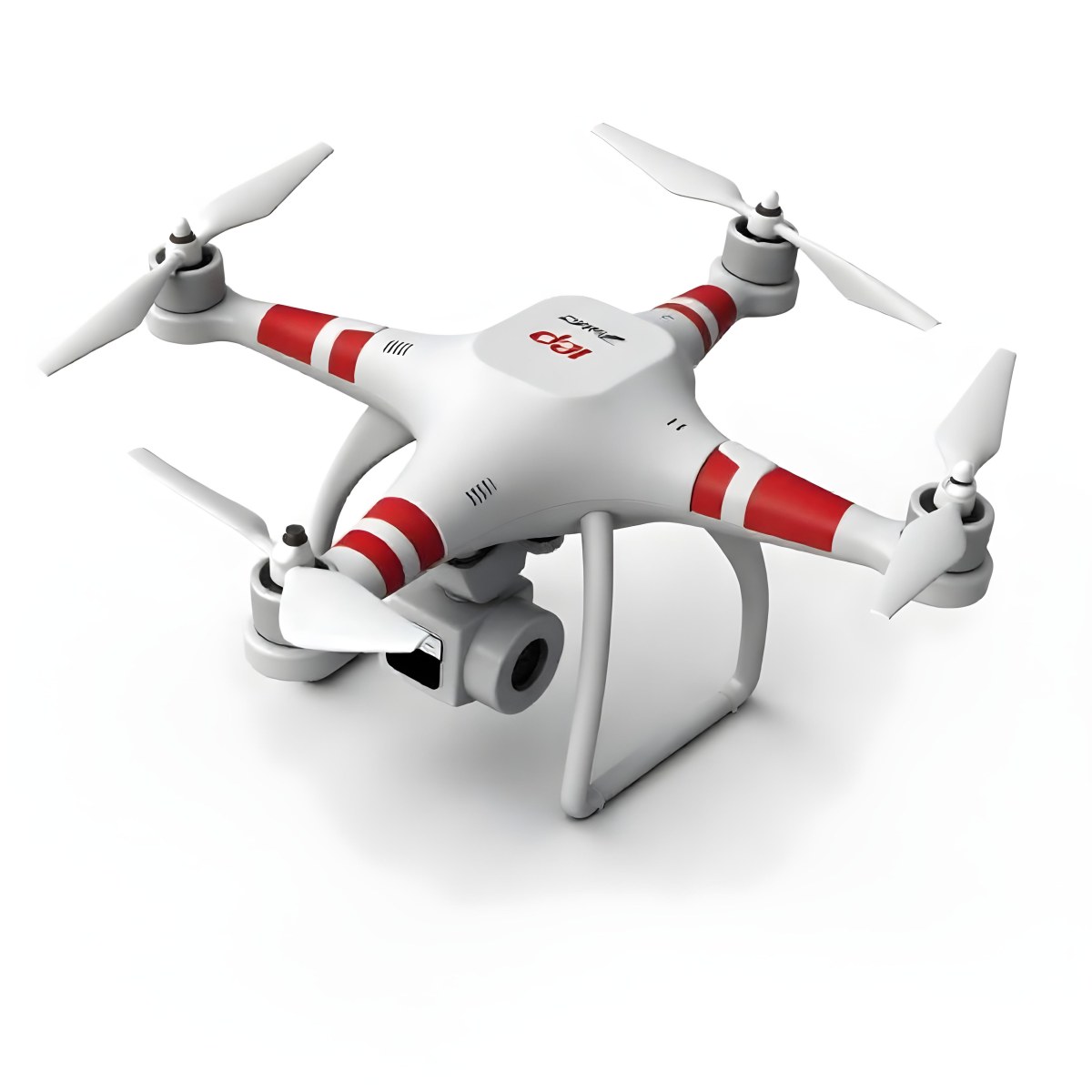 Red Dji Phantom Drone With White Stripes Camera Attached On A White Background 9 F990