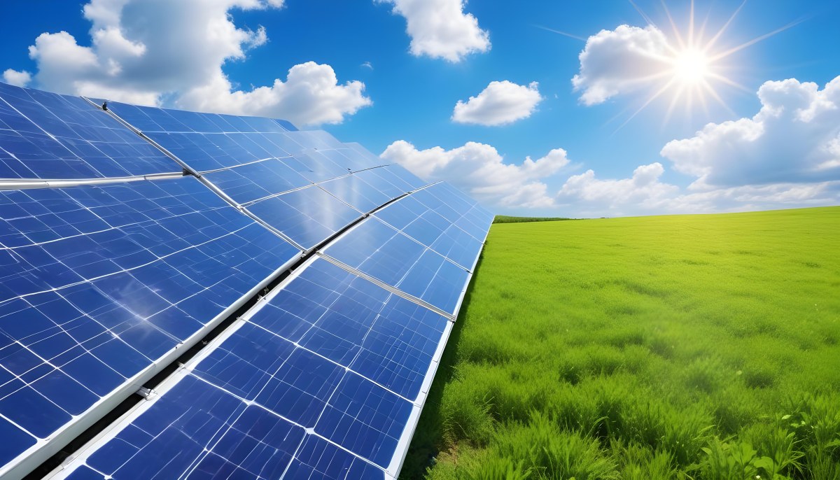 Solar Panels In A Green Field Under A Blue