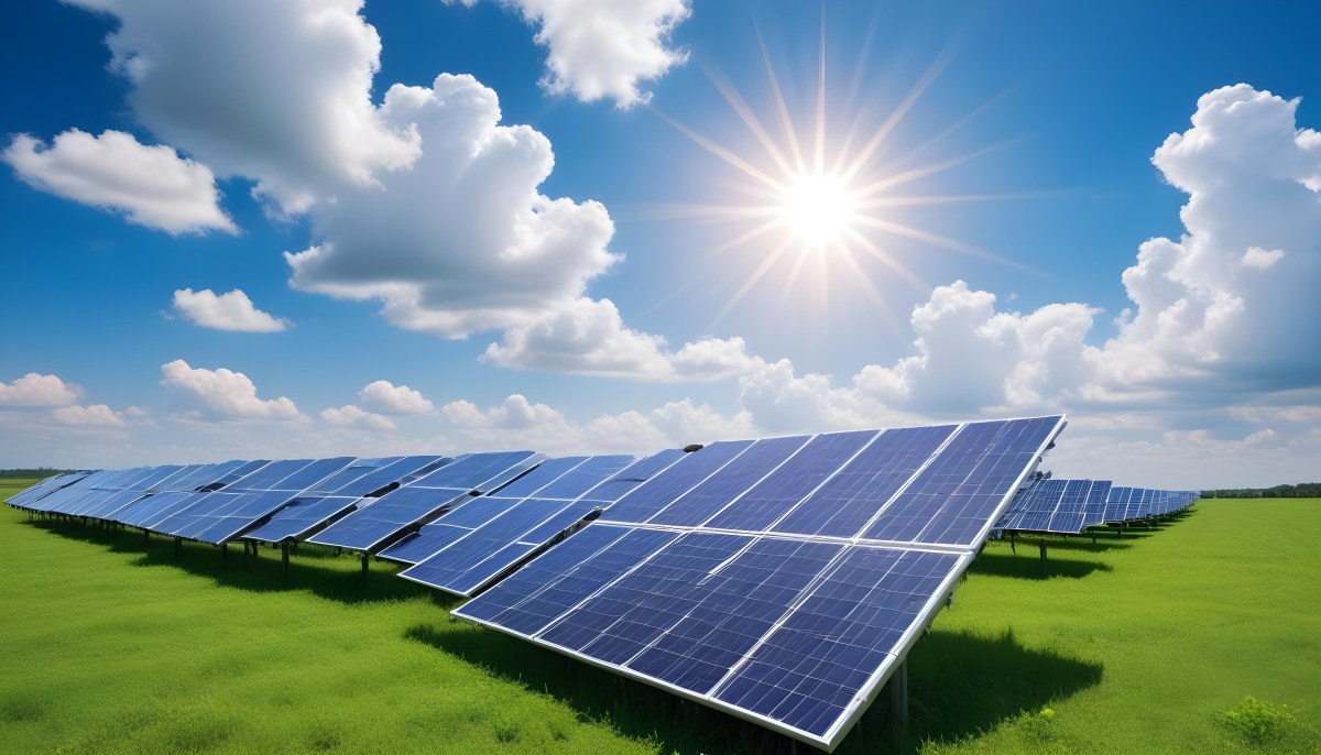 Solar Panels In A Green Field Under A Blue Sky With White Clouds Sun Shining Brightly Renewable Energy Concept Sustainable Technology 12 9b5a