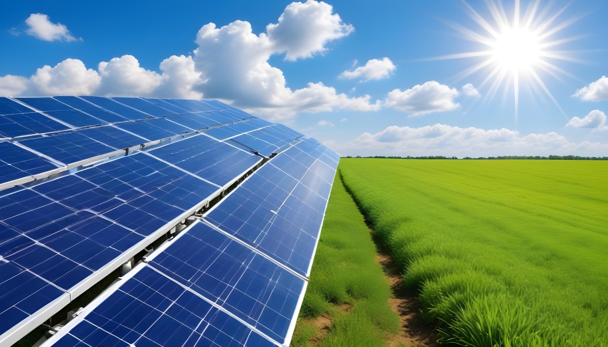 Solar Panels In A Green Field Under A Blue Sky With White Clouds Sun Shining Brightly Renewable Energy Concept Sustainable Technology 16 6baa