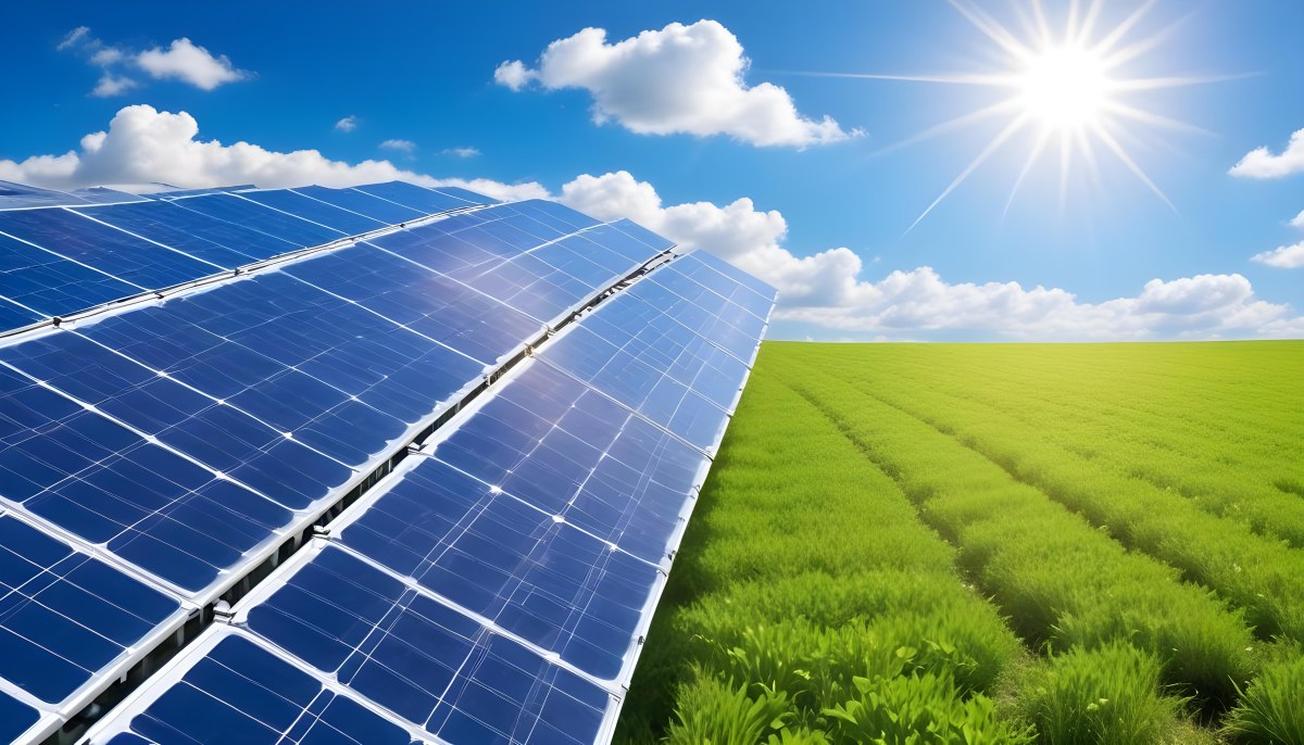 Solar Panels In A Green Field Under A Blue Sky With White Clouds Sun Shining Brightly Renewable Energy Concept Sustainable Technology 2 7ab8