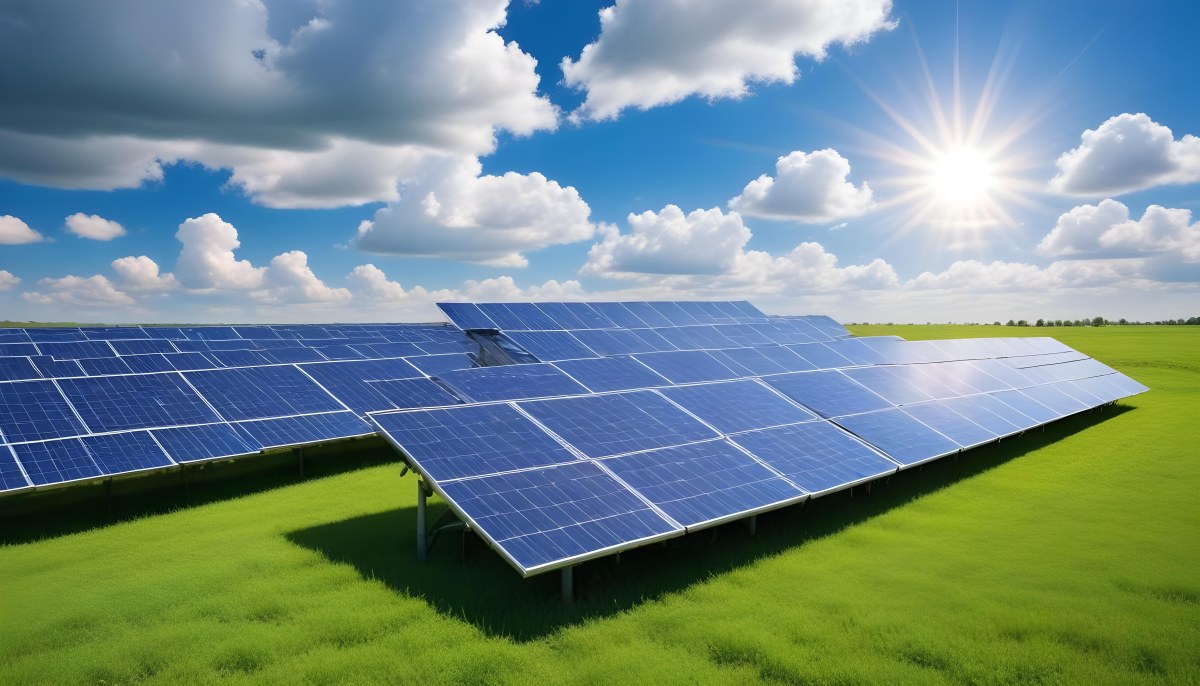 Solar Panels In A Green Field Under A Blue Sky With White Clouds Sun Shining Brightly Renewable Energy Concept Sustainable Technology 21 04ec