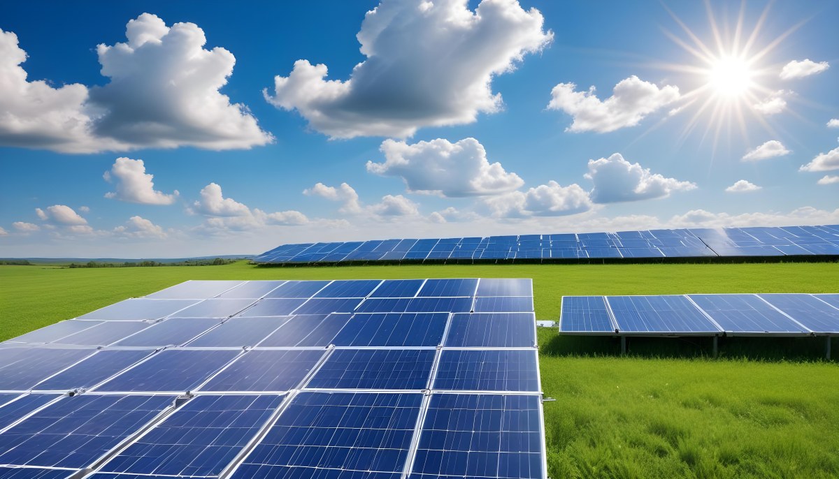 Solar Panels In A Green Field Under A Blue Sky With White Clouds Sun Shining Brightly Renewable Energy Concept Sustainable Technology 24 20ff