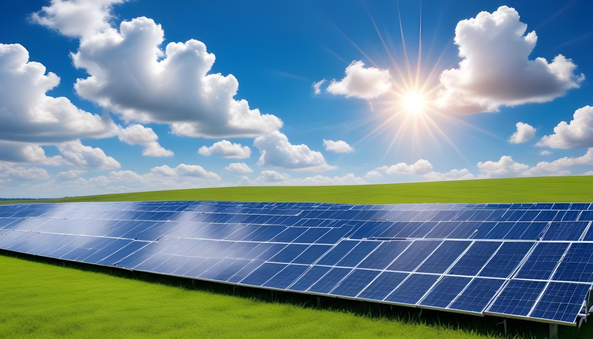 Solar Panels In A Green Field Under A Blue Sky With White Clouds Sun Shining Brightly Renewable Energy Concept Sustainable Technology 28 D486