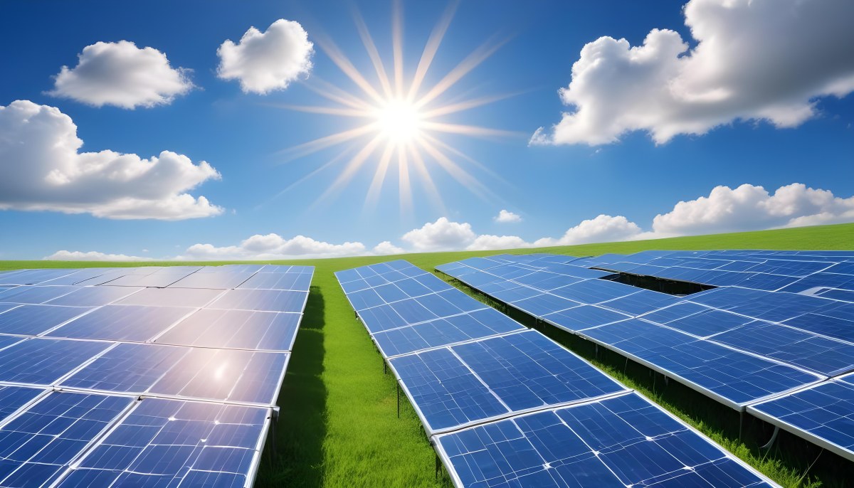 Solar Panels In A Green Field Under A Blue Sky With White Clouds Sun Shining Brightly Renewable Energy Concept Sustainable Technology 29 9b9a