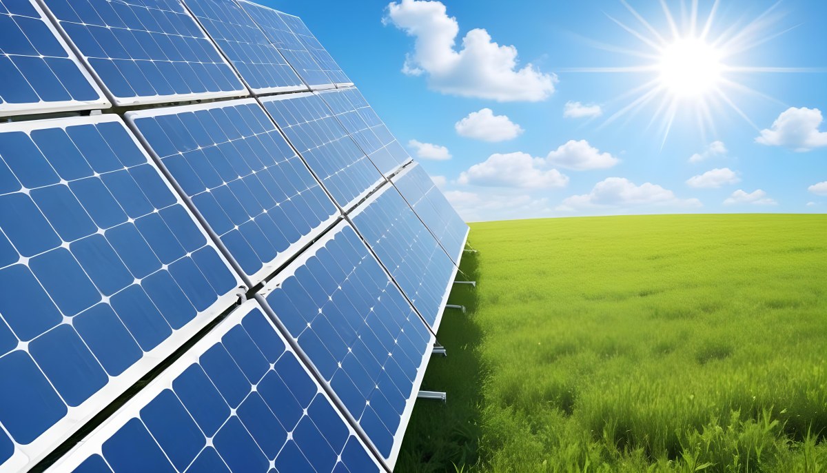 Solar Panels In A Green Field Under A Blue Sky With White Clouds Sun Shining Brightly Renewable Energy Concept Sustainable Technology 3 27b6