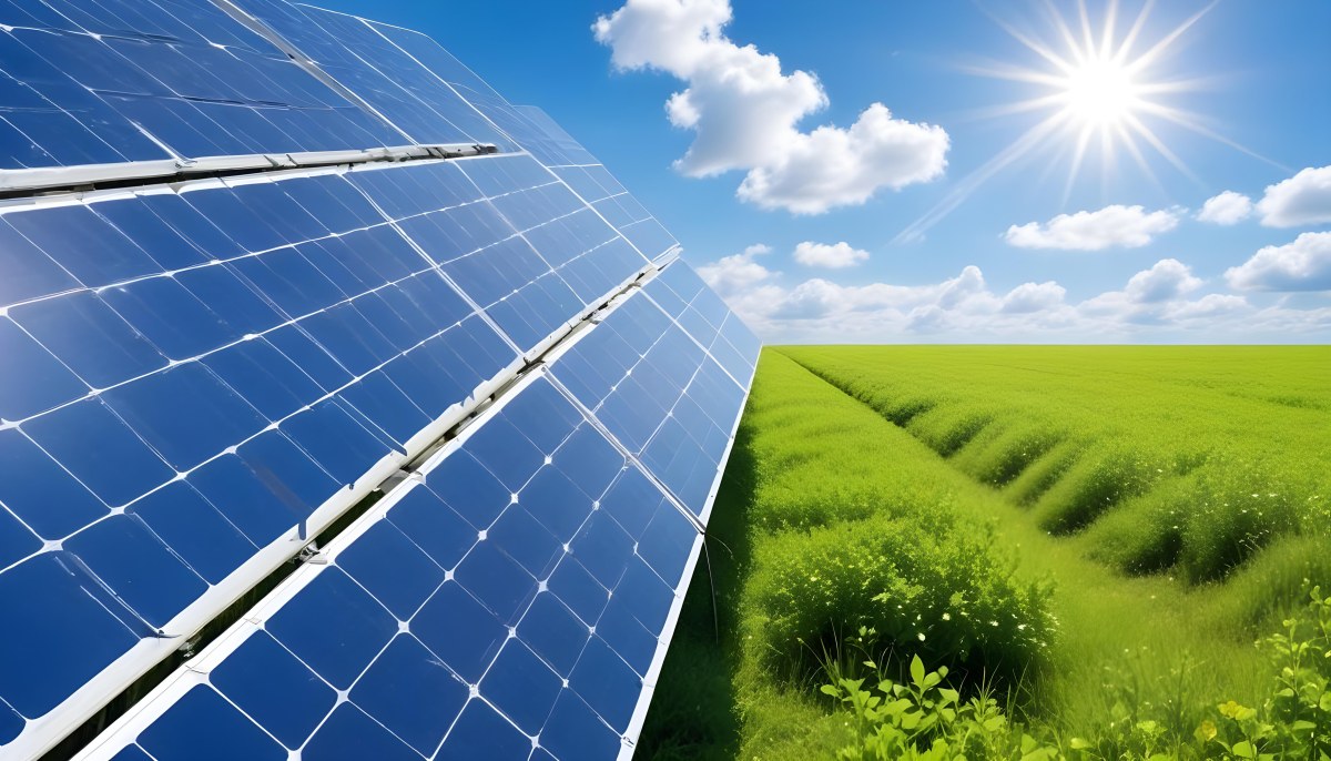 Solar Panels In A Green Field Under A Blue Sky With White Clouds Sun Shining Brightly Renewable Energy Concept Sustainable Technology 4 Ce92