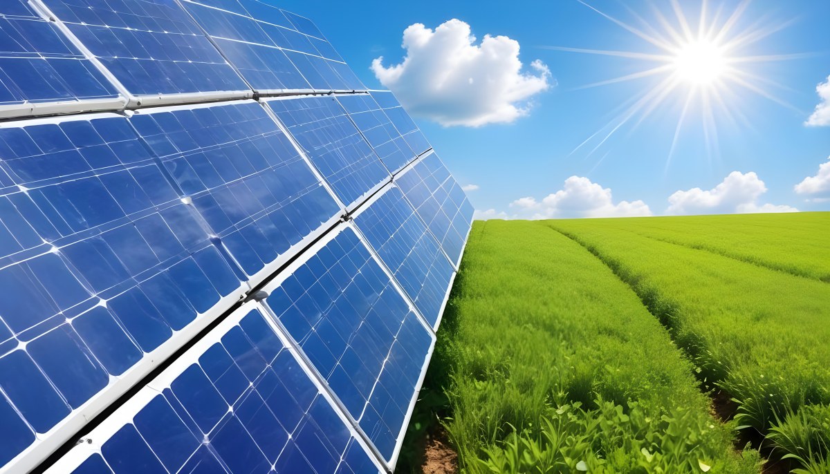 Solar Panels In A Green Field Under A Blue Sky With White Clouds Sun Shining Brightly Renewable Energy Concept Sustainable Technology 5 Ed69