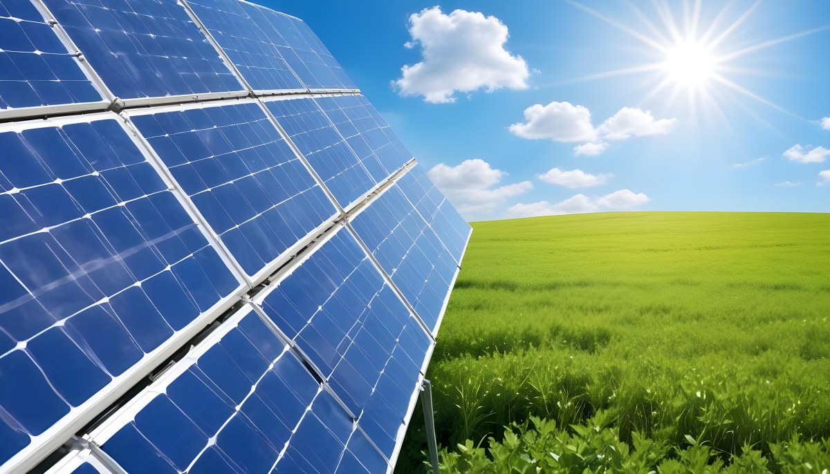Solar Panels In A Green Field Under A Blue Sky With White Clouds Sun Shining Brightly Renewable Energy Concept Sustainable Technology 6 4216