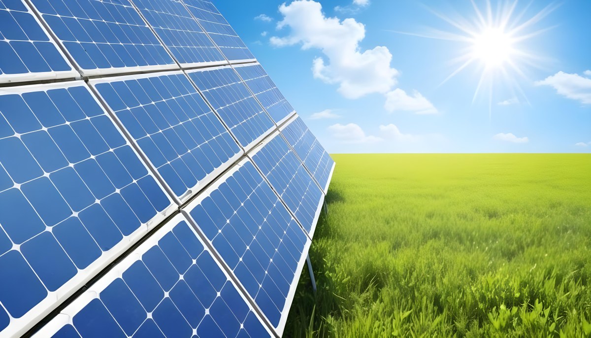 Solar Panels In A Green Field Under A Blue Sky With White Clouds Sun Shining Brightly Renewable Energy Concept Sustainable Technology 7 46af
