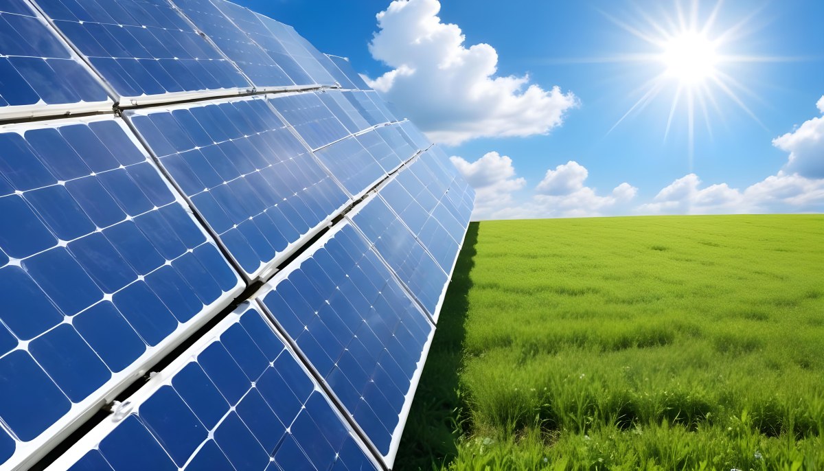 Solar Panels In A Green Field Under A Blue Sky With White Clouds Sun Shining Brightly Renewable Energy Concept Sustainable Technology 8 095c