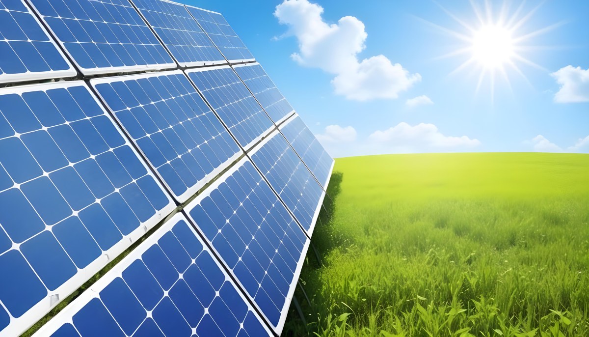 Solar Panels In A Green Field Under A Blue Sky With White Clouds Sun Shining Brightly Renewable Energy Concept Sustainable Technology 9 A960