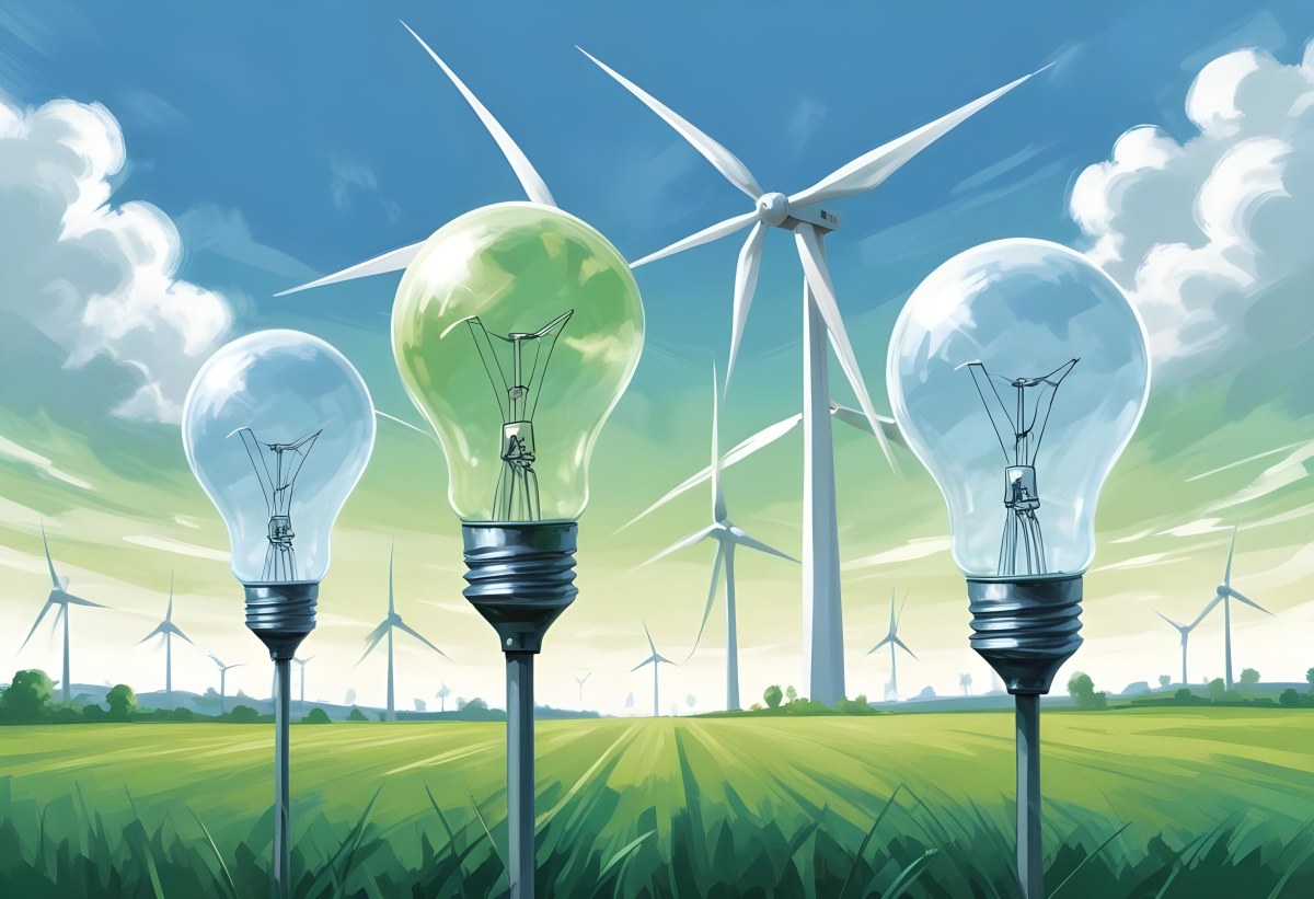 Two Light Bulbs One With Wind Turbines On A Green Field The Other With Wind Turbines And Solar Panels Against A Blue Sky With Clouds On A White Background 16 1e7f
