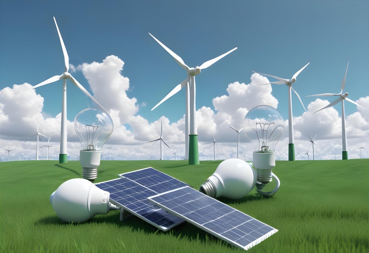 Two Light Bulbs One With Wind Turbines On A Green Field The Other With Wind Turbines And Solar Panels Against A Blue Sky With Clouds On A White Background 45 27c2