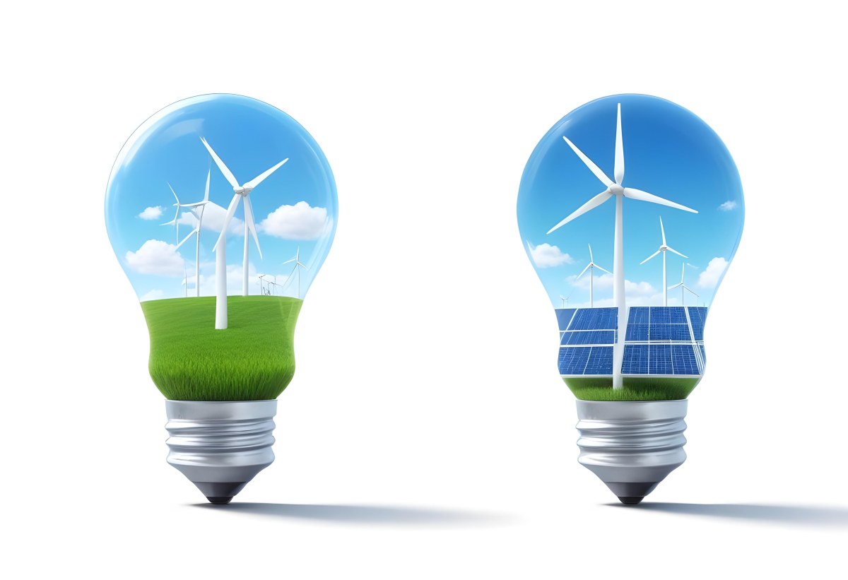 Two Light Bulbs One With Wind Turbines On A Green Field The Other With Wind Turbines And Solar Panels Against A Blue Sky With Clouds On A White Background 49 7e42