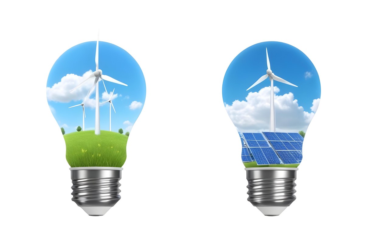 Two Light Bulbs One With Wind Turbines On A Green Field The Other With Wind Turbines And Solar Panels Against A Blue Sky With Clouds On A White Background 58 Ab3f