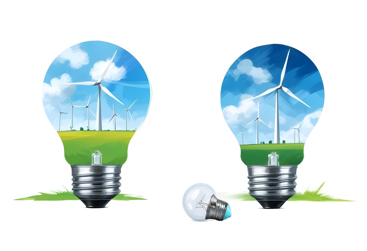 Two Light Bulbs One With Wind Turbines On A Green Field The Other With Wind Turbines And Solar Panels Against A Blue Sky With Clouds On A White Background 60 67ef