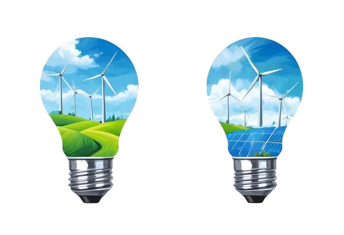 Two Light Bulbs One With Wind Turbines On A Green Field The Other With Wind Turbines And Solar Panels Against A Blue Sky With Clouds On A White Background 70 0b66
