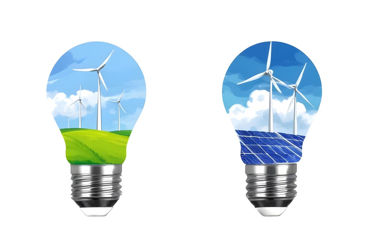 Two Light Bulbs One With Wind Turbines On A Green Field The Other With Wind Turbines And Solar Panels Against A Blue Sky With Clouds On A White Background 71 2653
