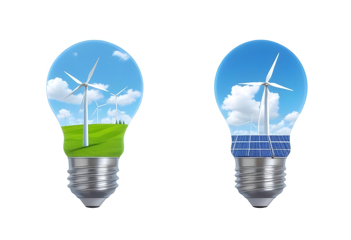 Two Light Bulbs One With Wind Turbines On A Green Field The Other With Wind Turbines And Solar Panels Against A Blue Sky With Clouds On A White Background 72 76ae