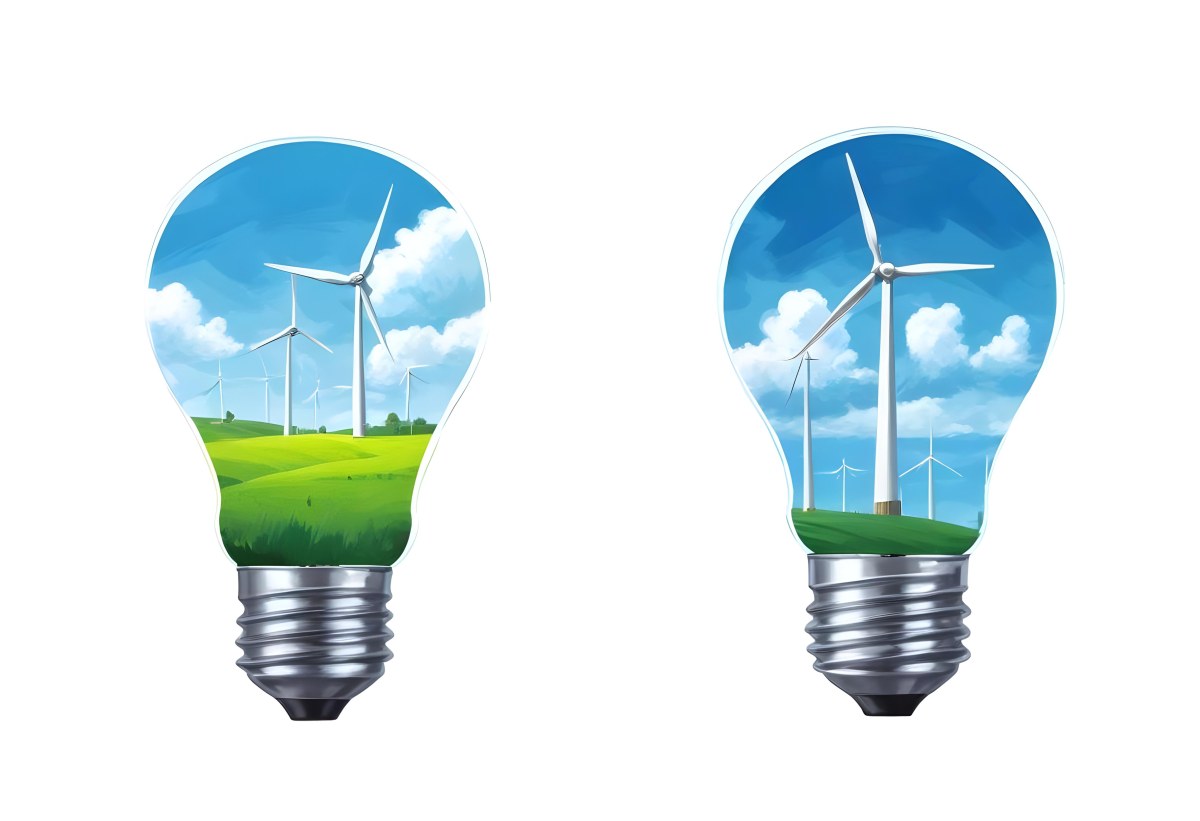 Two Light Bulbs One With Wind Turbines On A Green Field The Other With Wind Turbines And Solar Panels Against A Blue Sky With Clouds On A White Background 73 28a6