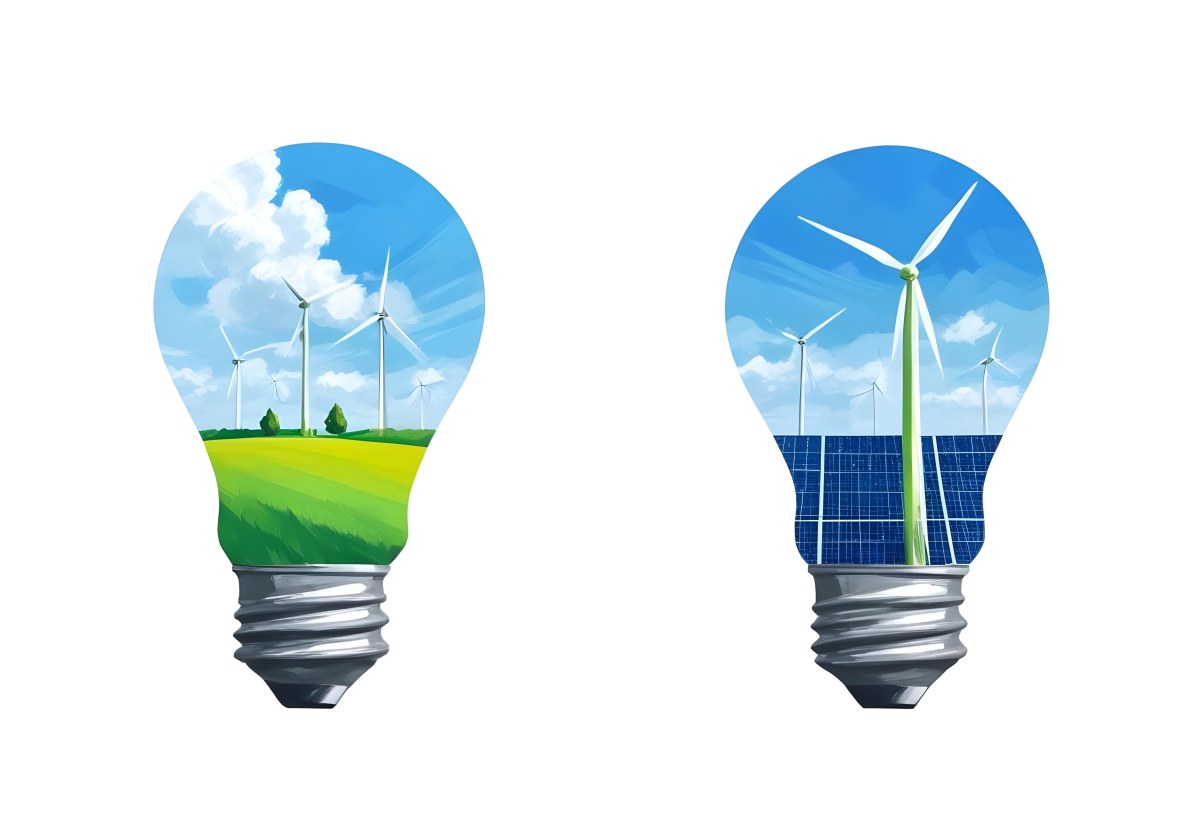 Two Light Bulbs One With Wind Turbines On A Green Field The Other With Wind Turbines And Solar Panels Against A Blue Sky With Clouds On A White Background 74 8bc1