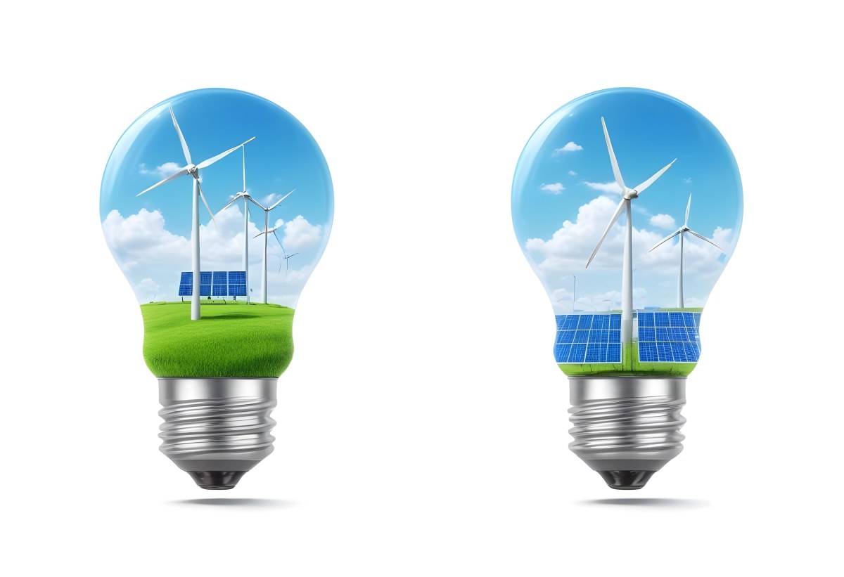 Two Light Bulbs One With Wind Turbines On A Green Field The Other With Wind Turbines And Solar Panels Against A Blue Sky With Clouds On A White Background 74 Bccc