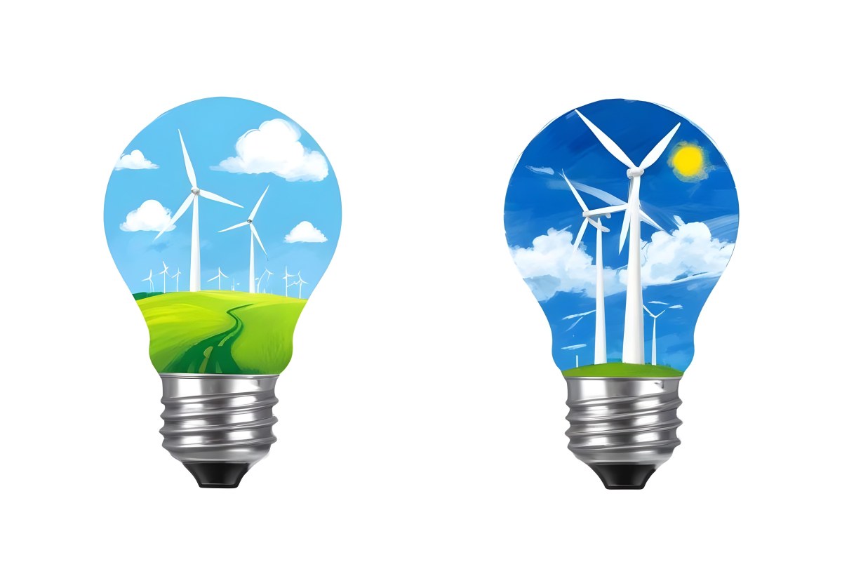 Two Light Bulbs One With Wind Turbines On A Green Field The Other With Wind Turbines And Solar Panels Against A Blue Sky With Clouds On A White Background 75 00e3