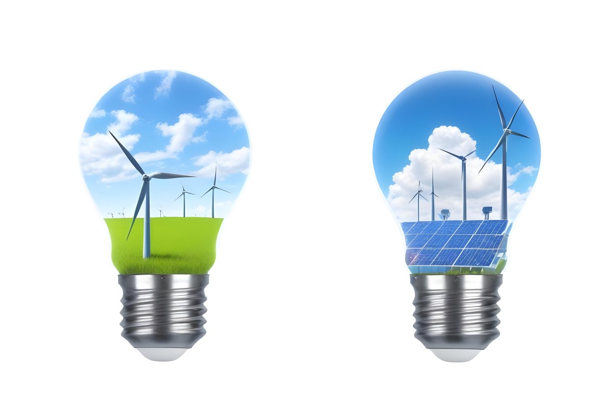 Two Light Bulbs One With Wind Turbines On A Green Field The Other With Wind Turbines And Solar Panels Against A Blue Sky With Clouds On A White Background 75 1bd9