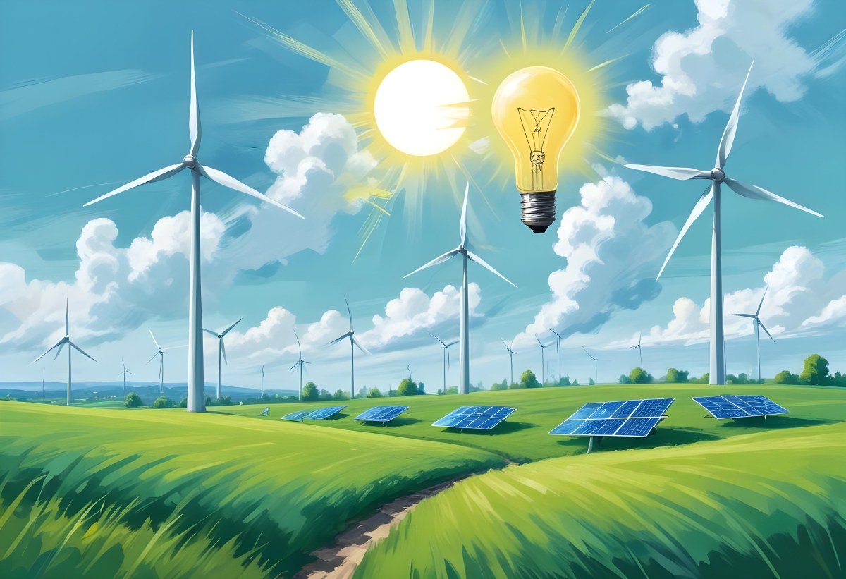 Two Light Bulbs One With Wind Turbines On A Green Field The Other With Wind Turbines And Solar Panels Against A Blue Sky With Clouds On A White Background 76 2eea