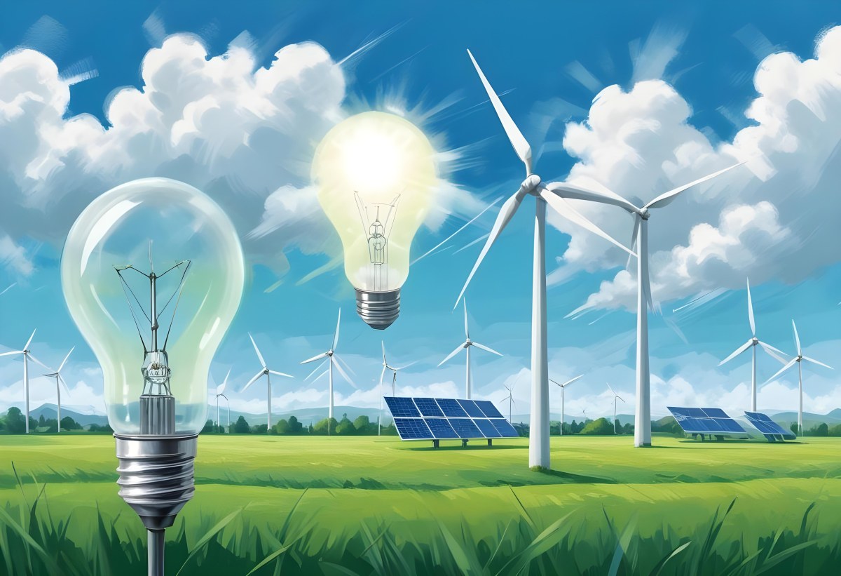 Two Light Bulbs One With Wind Turbines On A Green Field The Other With Wind Turbines And Solar Panels Against A Blue Sky With Clouds On A White Background 77 9b96