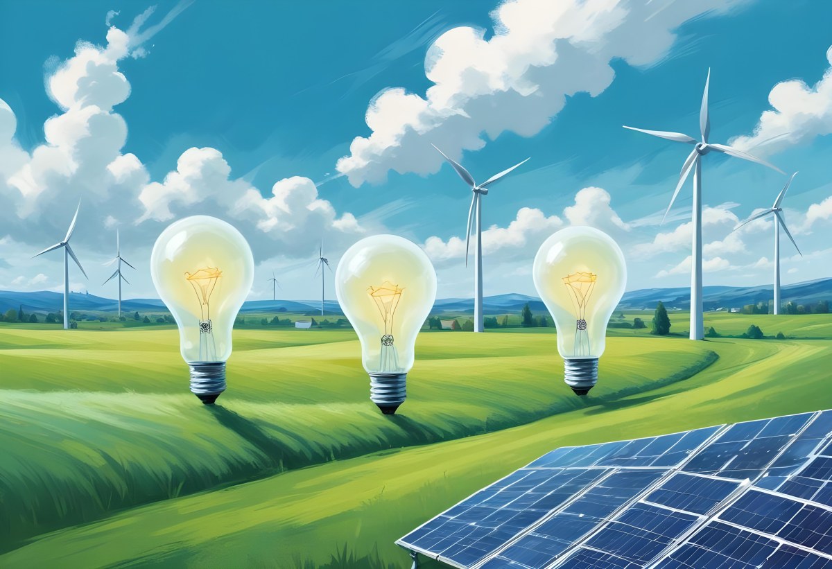 Two Light Bulbs One With Wind Turbines On A Green Field The Other With Wind Turbines And Solar Panels Against A Blue Sky With Clouds On A White Background 79 Fa51