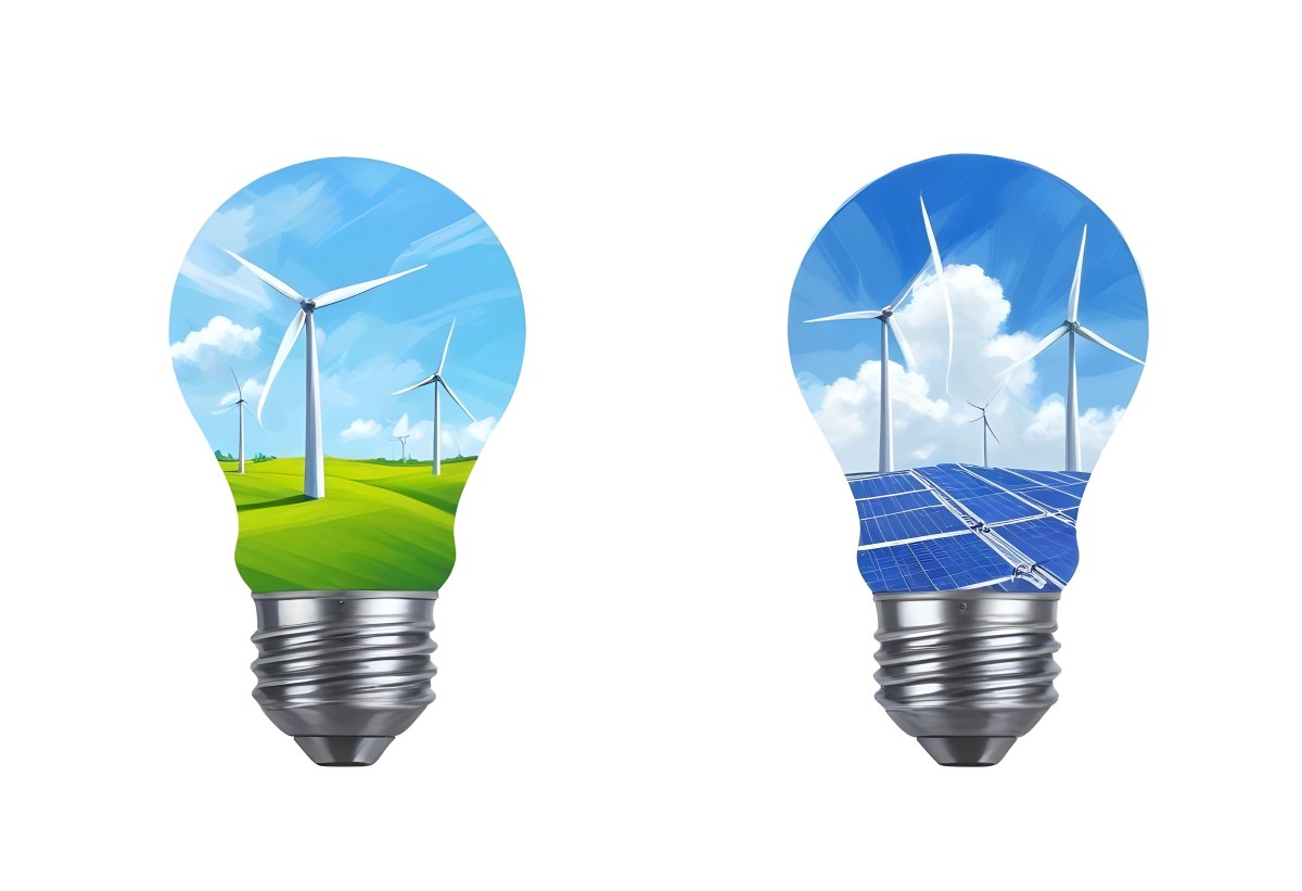 Two Light Bulbs One With Wind Turbines On A Green Field The Other With Wind Turbines And Solar Panels Against A Blue Sky With Clouds On A White Background 8 Aa88