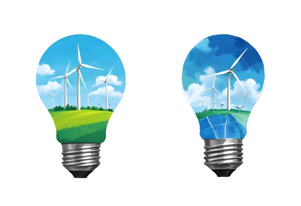 Two Light Bulbs One With Wind Turbines On A Green Field The Other With Wind Turbines And Solar Panels Against A Blue Sky With Clouds On A White Background 80 7c29
