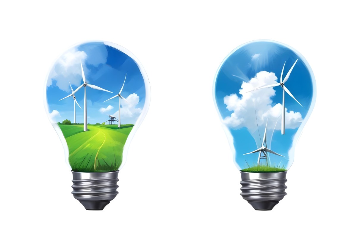Two Light Bulbs One With Wind Turbines On A Green Field The Other With Wind Turbines And Solar Panels Against A Blue Sky With Clouds On A White Background 9 F8d3
