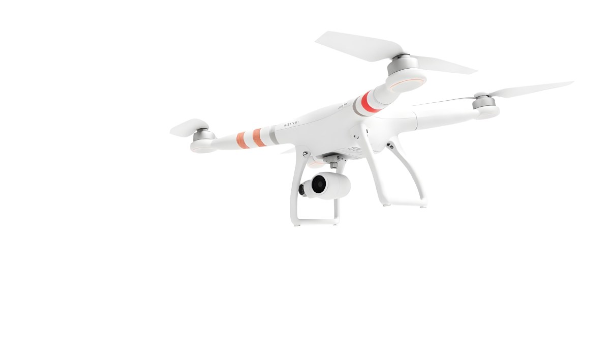 White Drone With Four Propellers And A Camera Attached To The Bottom Isolated On A White Background 12 D963