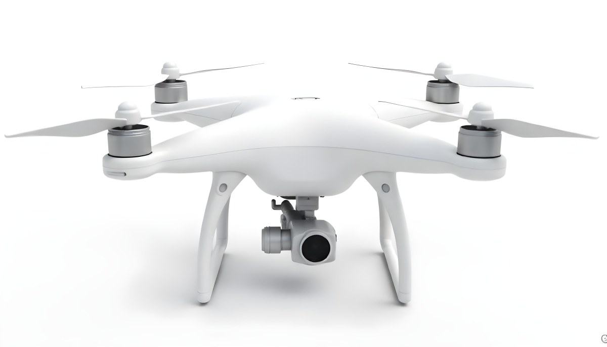 White Drone With Four Propellers And A Camera Attached To The Bottom Isolated On A White Background 21 E533