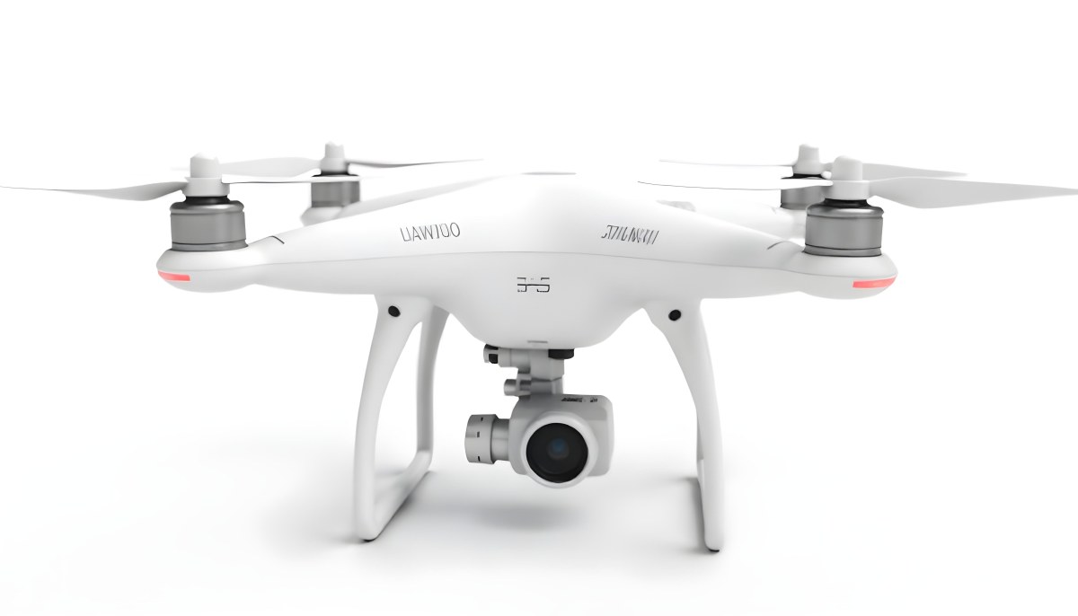White Drone With Four Propellers And A Camera Attached To The Bottom Isolated On A White Background 25 E744