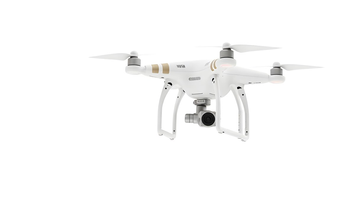 White Drone With Four Propellers And A Camera Attached To The Bottom Isolated On A White Background 37 C9e0
