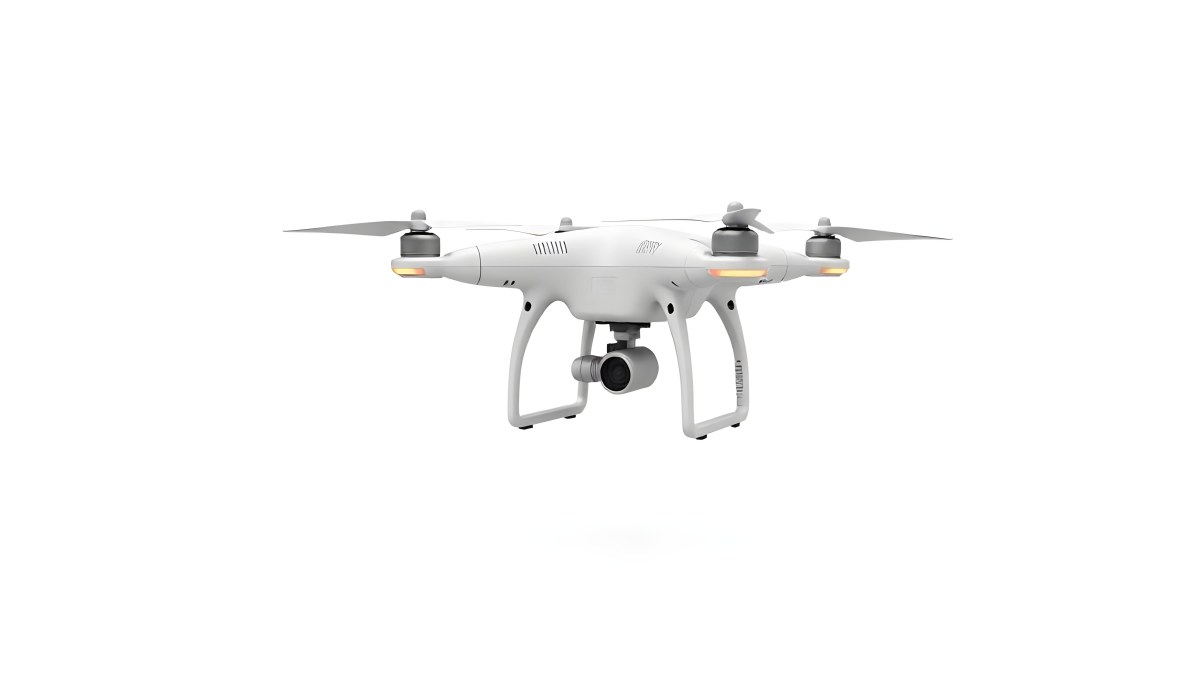 White Drone With Four Propellers And A Camera Attached To The Bottom Isolated On A White Background 38 Eacc
