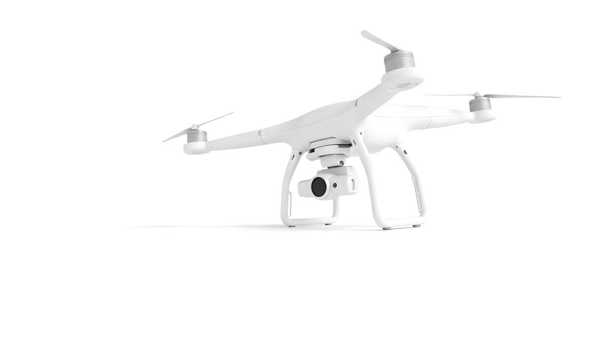 White Drone With Four Propellers And A Camera Attached To The Bottom Isolated On A White Background 4 3cc6