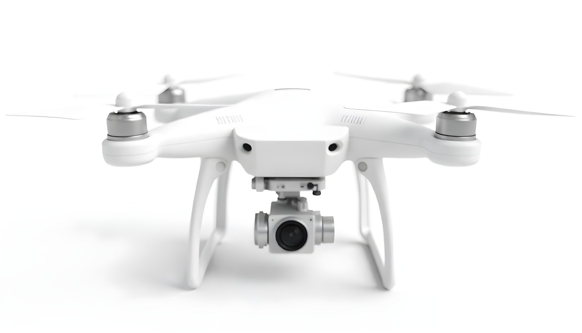 White Drone With Four Propellers And A Camera Attached To The Bottom Isolated On A White Background 5 Afa6