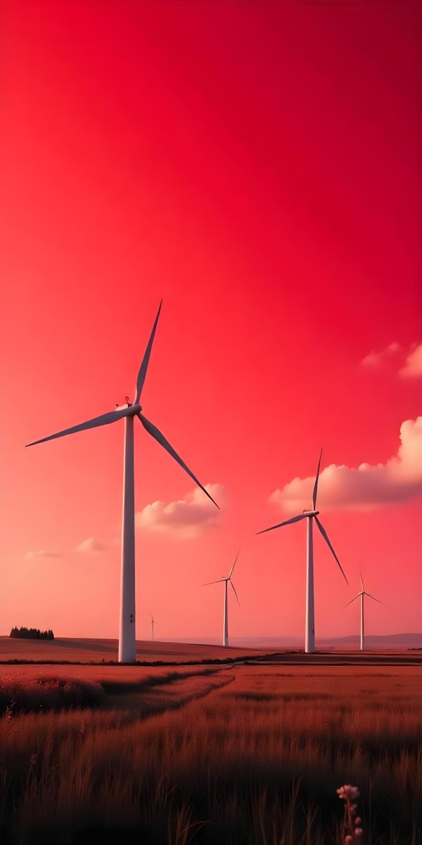 Wind Turbines With White Tips Under A Red Sky With White Clouds Generating Clean Energy In A Rural Environment 19 88d3